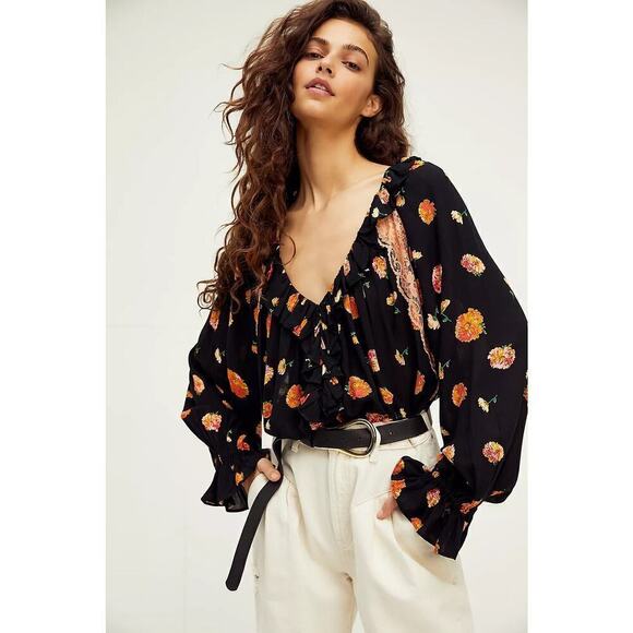 Free People Tops - Intimately Free People Poppy Printed Bodysuit Floral Lace Trim Black Size Large